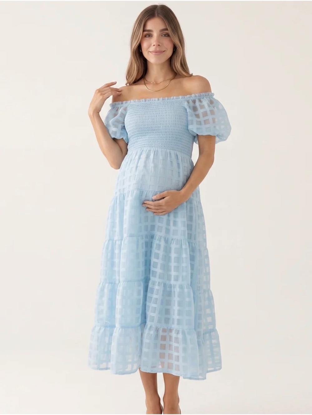 Women’s Summer Mae Maternity Midi Dress Blue XL Smocked Off Shoulder Pane